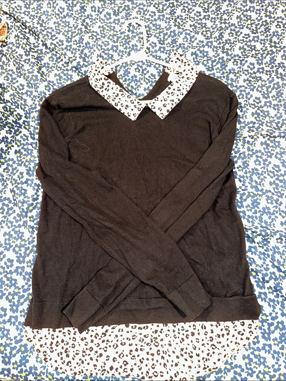 J. Crew Black Long-Sleeve Top with White Leopard-Print Collar and Hem